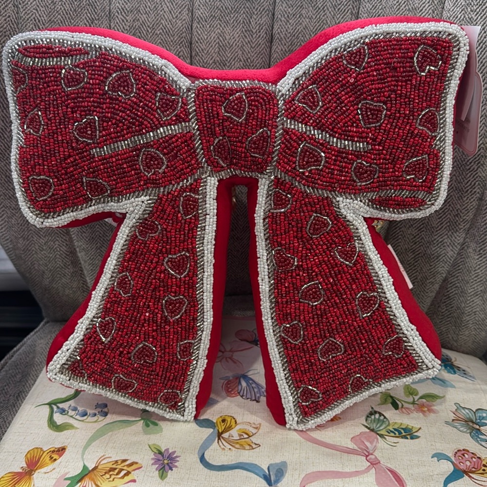 Beaded Bow with Hearts Decorative Pillow - 15” x 15”